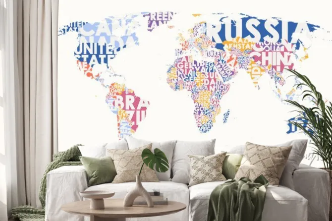 Naklejka: World map text composition, name of countries in color territories,