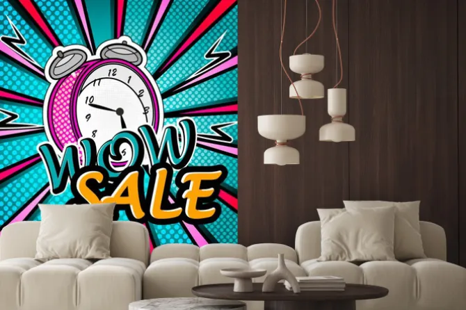 Naklejka: Wow sprzedaży jasny pop art eksplozję nad przerywaną tle