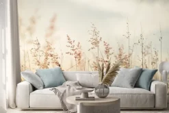 Naklejka: Wschód słońca nad łąką i naturalnym pejzażem