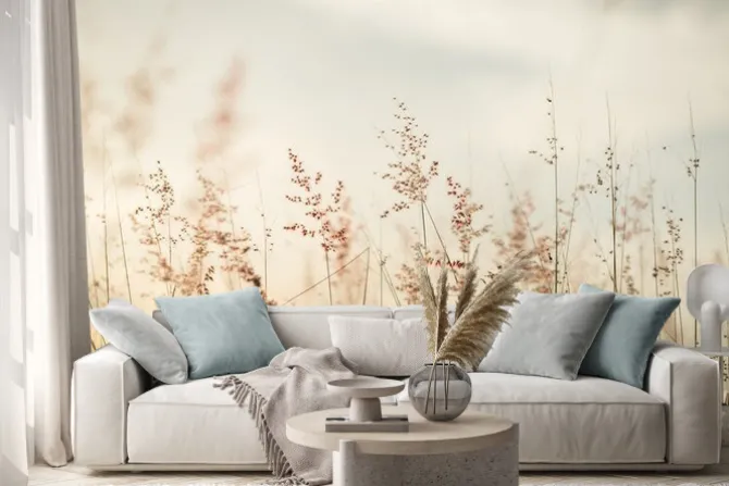 Naklejka: Wschód słońca nad łąką i naturalnym pejzażem