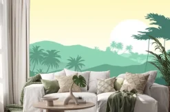 Naklejka: Wschód słońca w tropikalnych górach. ilustracji wektorowych.