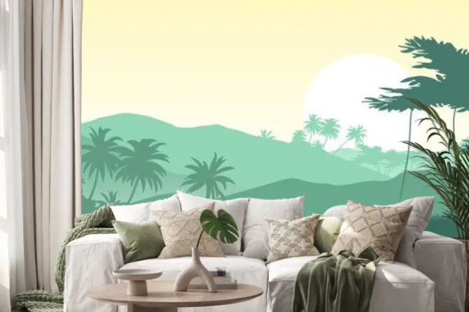 Naklejka: Wschód słońca w tropikalnych górach. ilustracji wektorowych.