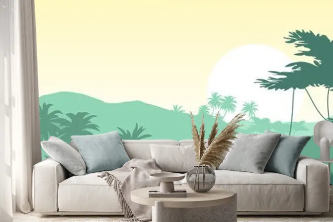 Naklejka: Wschód słońca w tropikalnych górach. ilustracji wektorowych.