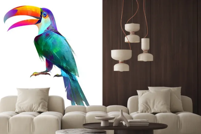 Naklejka: Wyciągnąć odizolowane jasny ptak siedzi tukan boku