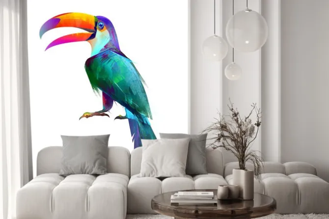 Naklejka: Wyciągnąć odizolowane jasny ptak siedzi tukan boku