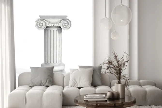 Naklejka: Wysoki dorycka kolumna filar pojedynczo na białym tle. piedestał.