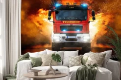 Naklejka: Wóz strażacki i płomienie