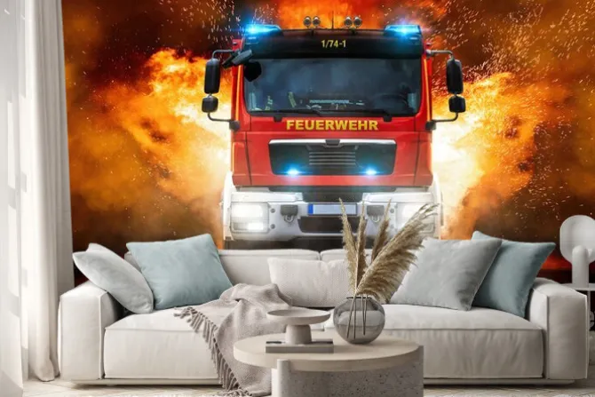 Naklejka: Wóz strażacki i płomienie