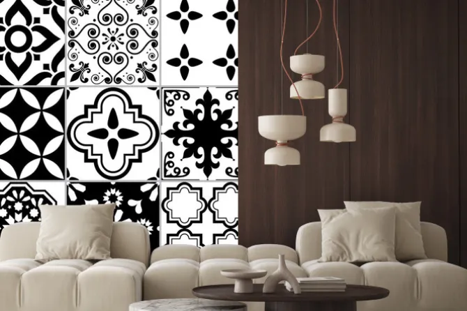 Naklejka: Wzór azulejos w czarno-białej mozaice