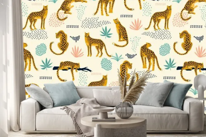 Naklejka: Wzór boho w lamparty i liście