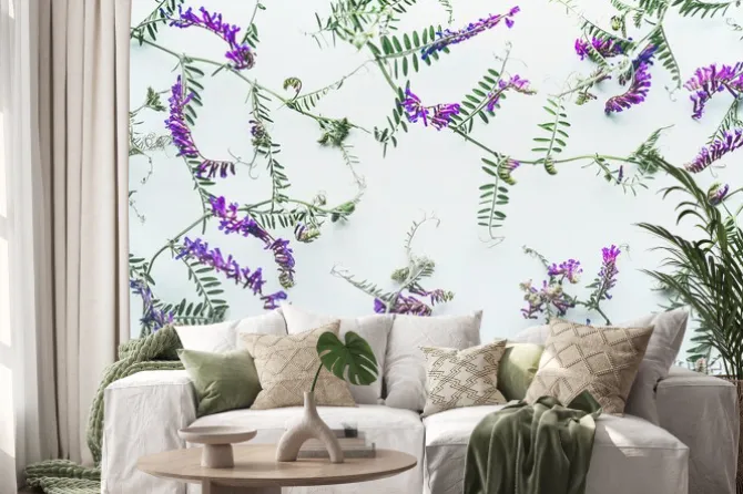 Naklejka: Wzór dzicy kwiaty na białym tle, odgórny widok, mieszkanie nieatutowy.