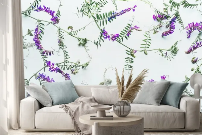 Naklejka: Wzór dzicy kwiaty na białym tle, odgórny widok, mieszkanie nieatutowy.