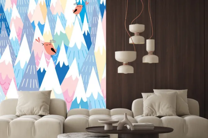 Naklejka: Wzór dziecięcy z górami i ptakami