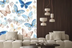 Naklejka: Wzór latających motyli kolory niebieski, żółty i brązowy. wektorowa