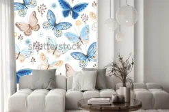 Naklejka: Wzór latających motyli kolory niebieski, żółty i brązowy. wektorowa