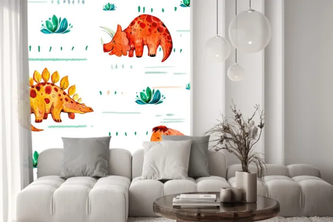 Naklejka: Wzór z kreskówki dinozaura. ręcznie rysowane akwarela ilustracja