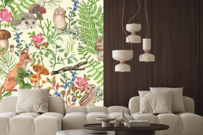 Naklejka: Wzór z leśnymi zwierzętami i roślinami malowany akwarelą