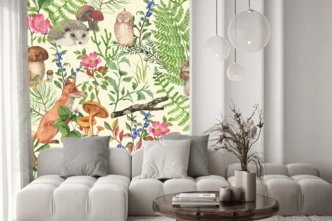 Naklejka: Wzór z leśnymi zwierzętami i roślinami malowany akwarelą