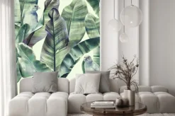 Naklejka: Wzór z liści bananów i egzotycznych ptaków na delikatnym beżowym