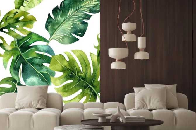 Naklejka: Wzór z liśćmi tropikalnej dżungli malowany akwarelą