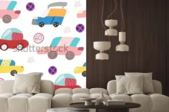 Naklejka: Wzór z ręcznie rysowane samochodu na drodze. skandynawski styl