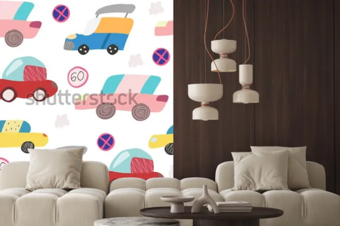 Naklejka: Wzór z ręcznie rysowane samochodu na drodze. skandynawski styl