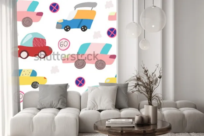 Naklejka: Wzór z ręcznie rysowane samochodu na drodze. skandynawski styl