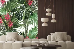 Naklejka: Wzór z tropikalnych liści i rajskich czerwonych kwiatów protea.