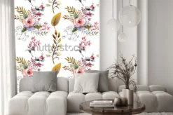 Naklejka: Wzór. zestaw gałęzi kwiatowych. różowy kwiat róży, zielone liście,