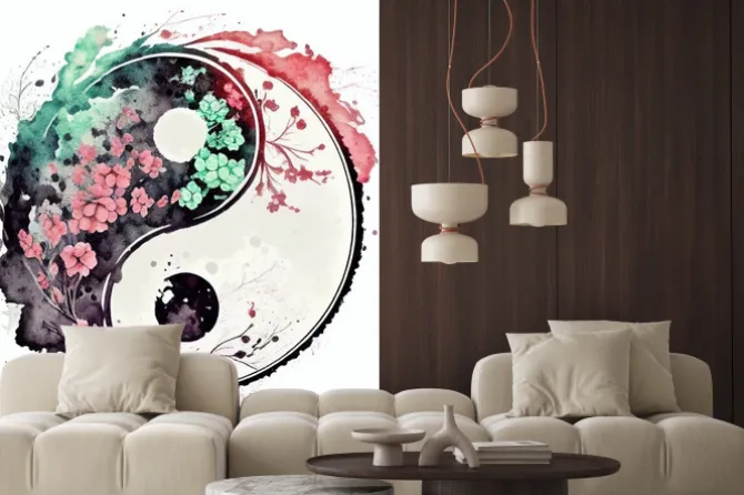 Naklejka: Yin-yang watercolor, floral illustration, generative ai