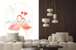 Naklejka: Żyjące w miłości flamingi koralowe. akwarela zadowolona walentynki