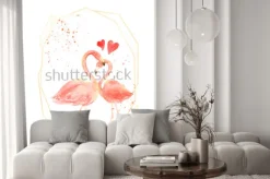 Naklejka: Żyjące w miłości flamingi koralowe. akwarela zadowolona walentynki