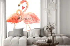 Naklejka: Żywe koralowe flamingi w miłości. akwarela kartkę z życzeniami