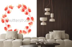 Naklejka: Żywy koral kolor kwiatów i liści wieniec. ilustracja akwarela