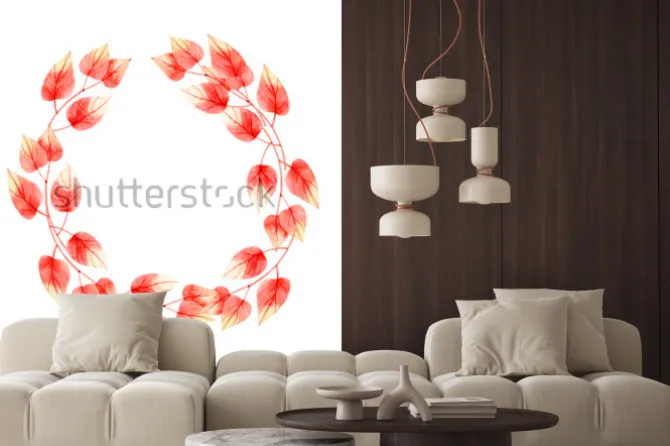 Naklejka: Żywy koral kolor kwiatów i liści wieniec. ilustracja akwarela