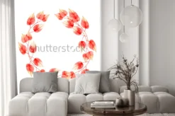 Naklejka: Żywy koral kolor kwiatów i liści wieniec. ilustracja akwarela