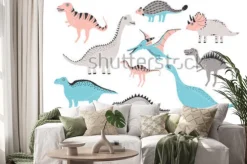 Naklejka: Zabawna kolekcja dinozaurów. śliczne dziecinne postacie w pastelowych