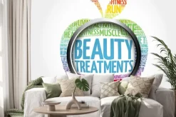 Naklejka: Zabiegi kosmetyczne apple word cloud ze szkłem powiększającym,