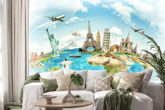 Naklejka: Zabytki z całego świata na kuli ziemskiej