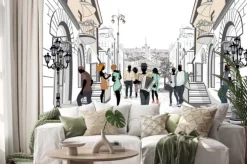 Naklejka: Zabytkowa ulica ze spacerowiczami