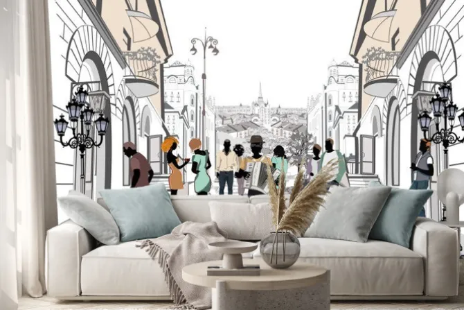 Naklejka: Zabytkowa ulica ze spacerowiczami