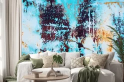 Naklejka: Zardzewiały metal z krakingu niebieskiej farby. kolorowe tło