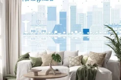 Naklejka: Zarys rio de janeiro skyline z niebieskimi budynkami.