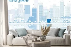 Naklejka: Zarys rio de janeiro skyline z niebieskimi budynkami.