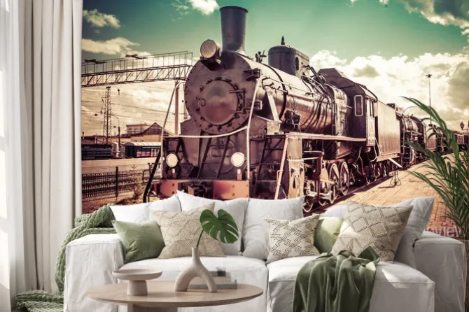 Naklejka: Zdjęcie vintage z zabytkową lokomotywą