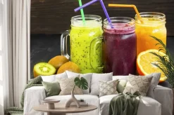 Naklejka: Zdrowe soki napoje z kiwi, jagody i pomarańczy