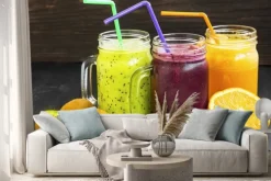 Naklejka: Zdrowe soki napoje z kiwi, jagody i pomarańczy