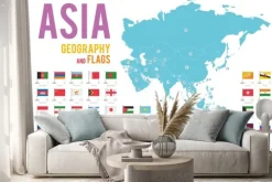 Naklejka: Zestaw 50 flag azji na białym tle i mapę azji z krajów znajdujących