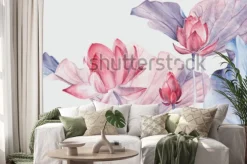 Naklejka: Zestaw akwarela ilustracji botanicznych kwiat lotosu różowy.