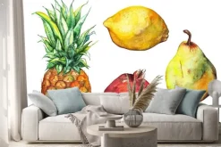 Naklejka: Zestaw akwareli ananas cytryny granatu gruszka pojedyncze owoce